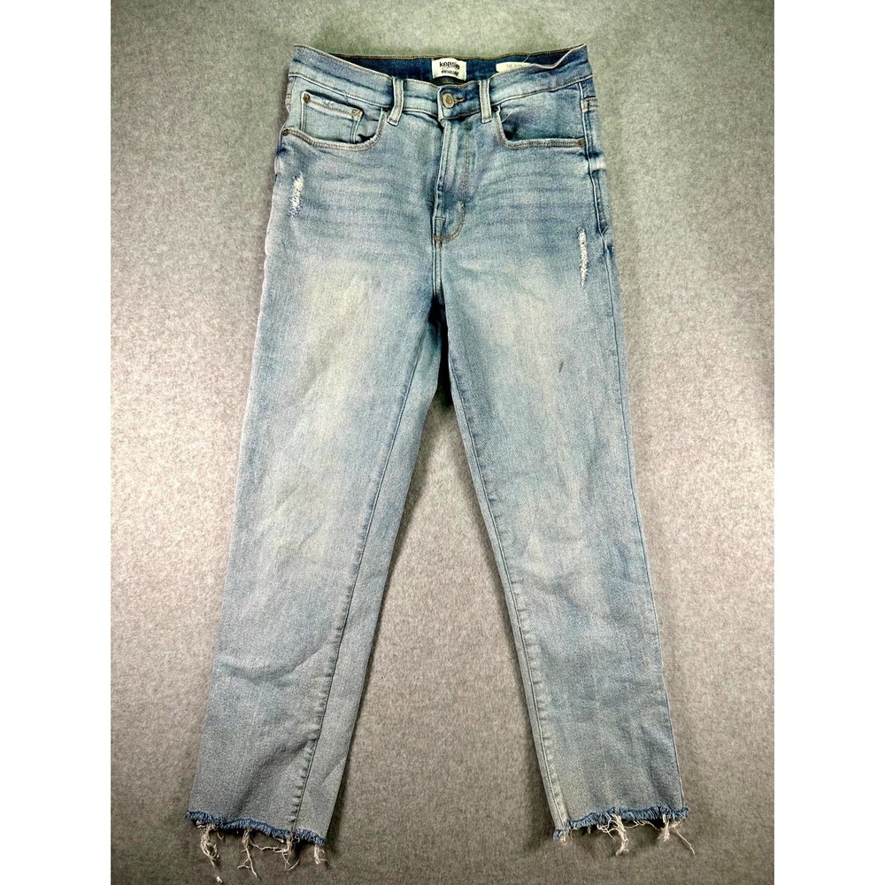 Kensie The Slim Straight Leg Jeans Womens 8 Blue Light Wash Distressed Raw Hem